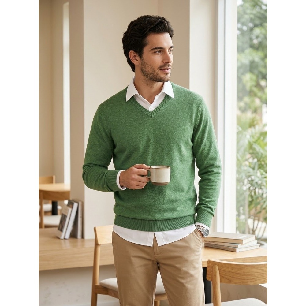 Classic V-Neck Van Heusen Green Cotton Blend Knit Sweater Size M Medium